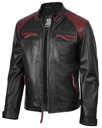 fjackets Real Lambskin Leather Biker Jackets Quilted Cafe Racer Zip Up Moto Jacket Men 1107897 Rollins Black and Maroon Leather Jacket3XL