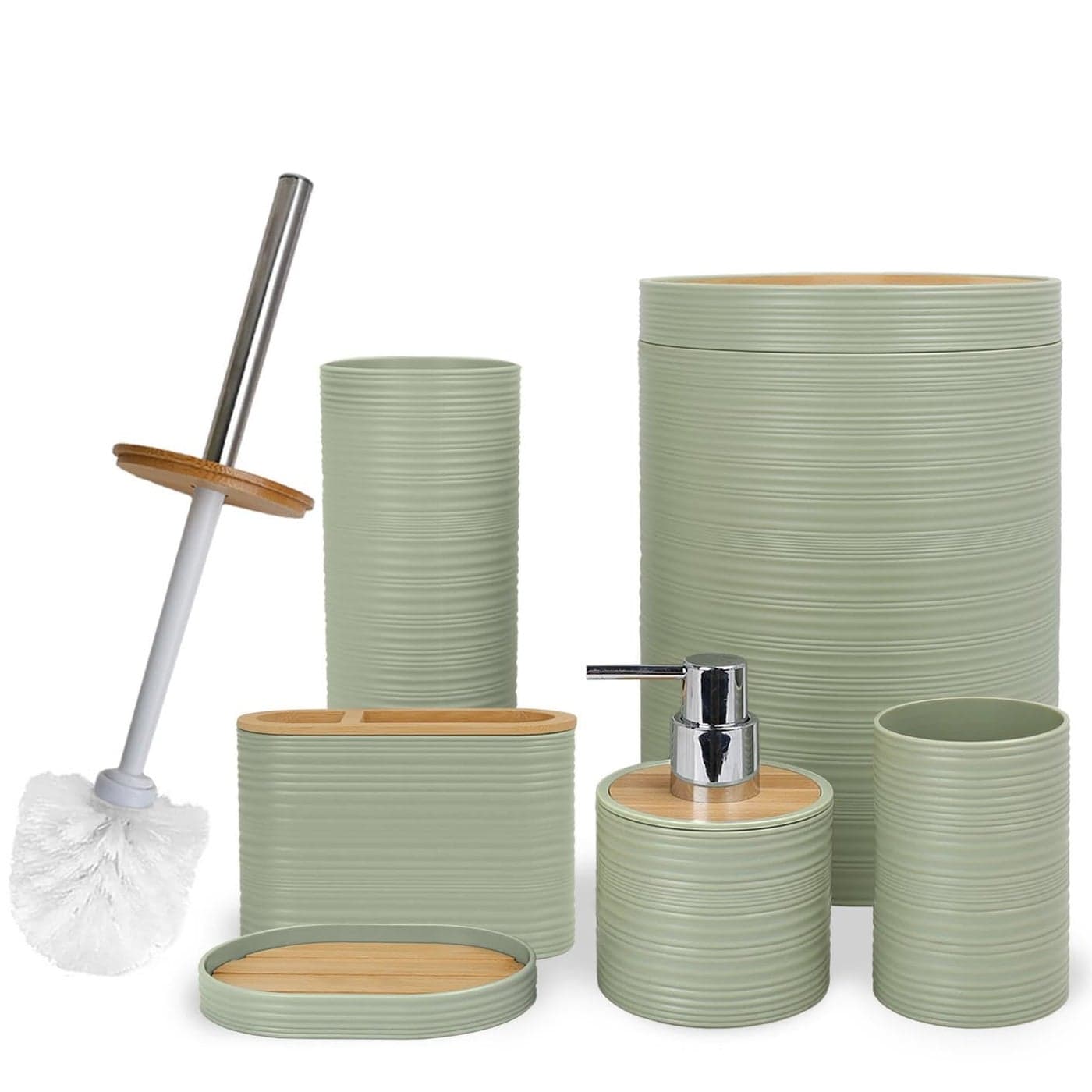 CERBIOR Bathroom Accessories Set 6 Piece Bamboo Bath Ensemble Includes Soap Dispenser Toothbrush Holder Toothbrush Cup Soap Dish for Decorative Countertop and Housewarming Gift Sriral Green