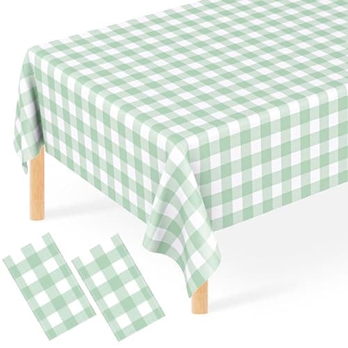 JCTHKUKU 2 Pcs Sage Green Gingham Tablecloth, 54 x 108 Inch Disposable Plastic Green and White Checkered Table Covers for Picnic, Farmhouse Birthday, Baby Shower, Rustic Wedding, Holiday Party