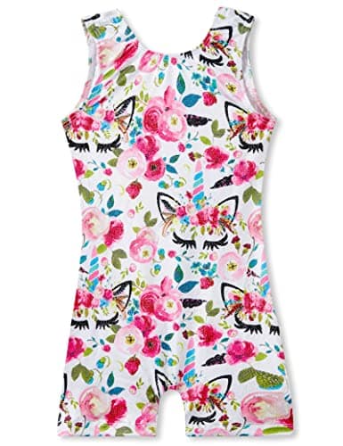 TENVDA Gymnastics Leotard for Girls 2t 3t Sparkly White Floral Unicorn Print Toddler Kids Biketards Tumbling Unitards