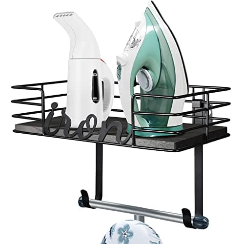 TJ.MOREE Ironing Board Hanger Wall Mount - Laundry Room Iron and Ironing Board Holder, Metal Wall Mount with Large Storage Black Wooden Base Basket and Removable Hook(Black)