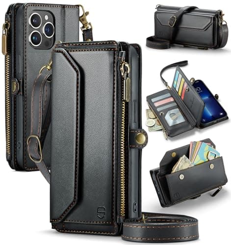Strapurs Wallet Case Compatible with iPhone 13 Pro Max RFID Blocking 10Card Holder Soft PU Leather Magnetic Snap Shoulder Strap Zipper Pocket Phone Case Fit for iPhone 13 Pro Max Black