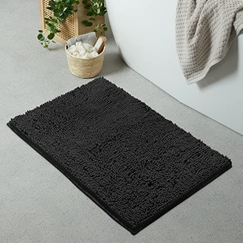 LuxUrux Ultra-Soft Chenille Bath Mat - Plush Microfiber Bathroom Rug, Super Absorbent & Quick-Dry, Cozy Shaggy Design, Machine Washable (24 x 36 inches, Black)