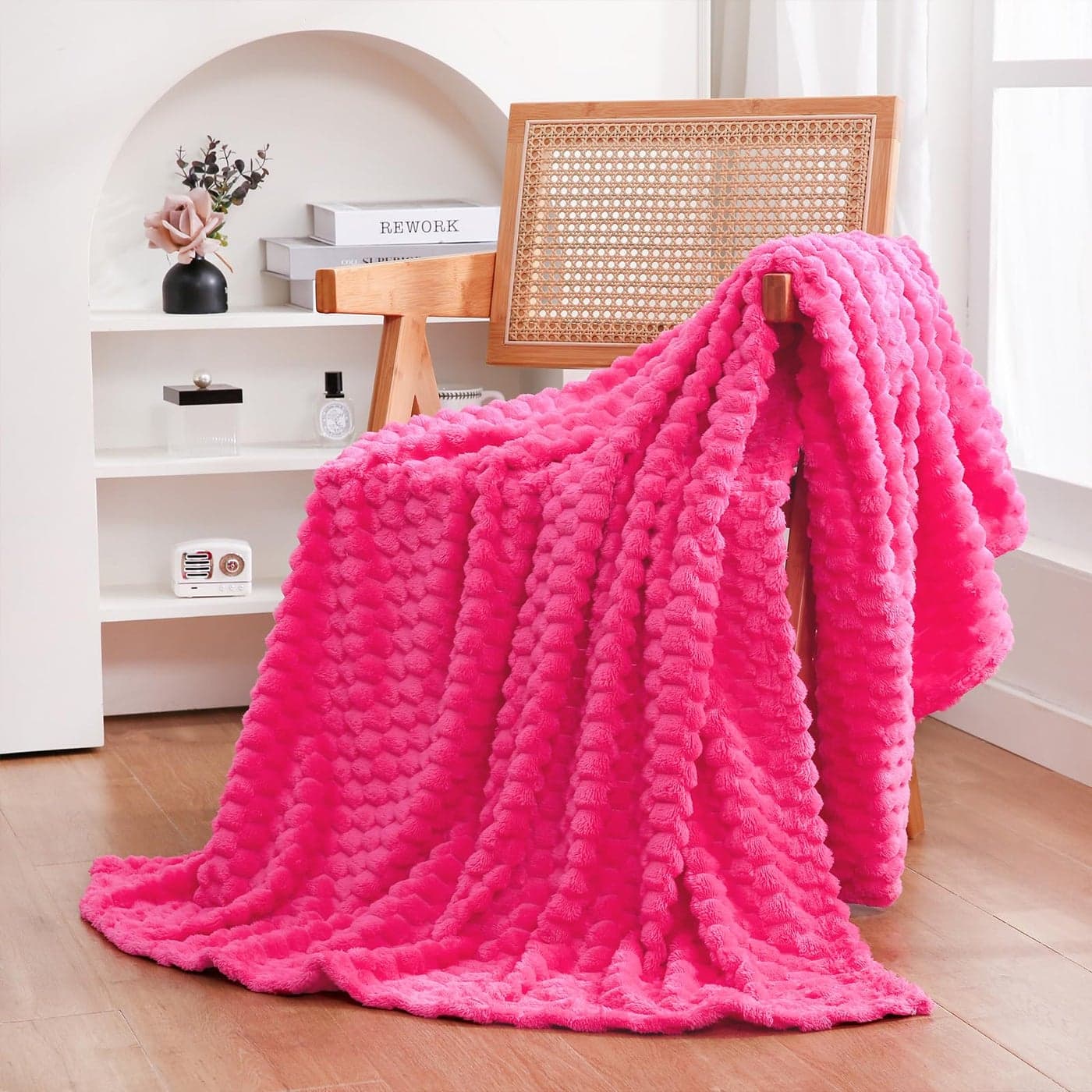 Puncuntex Hot Pink Throw Blanket 5060 inches Gifts for Mom Fuzzy 3D Jacquard Decorative Flannel Fleece Super Soft Plush Cozy Blanket for Couch Sofa Chair Lightweight