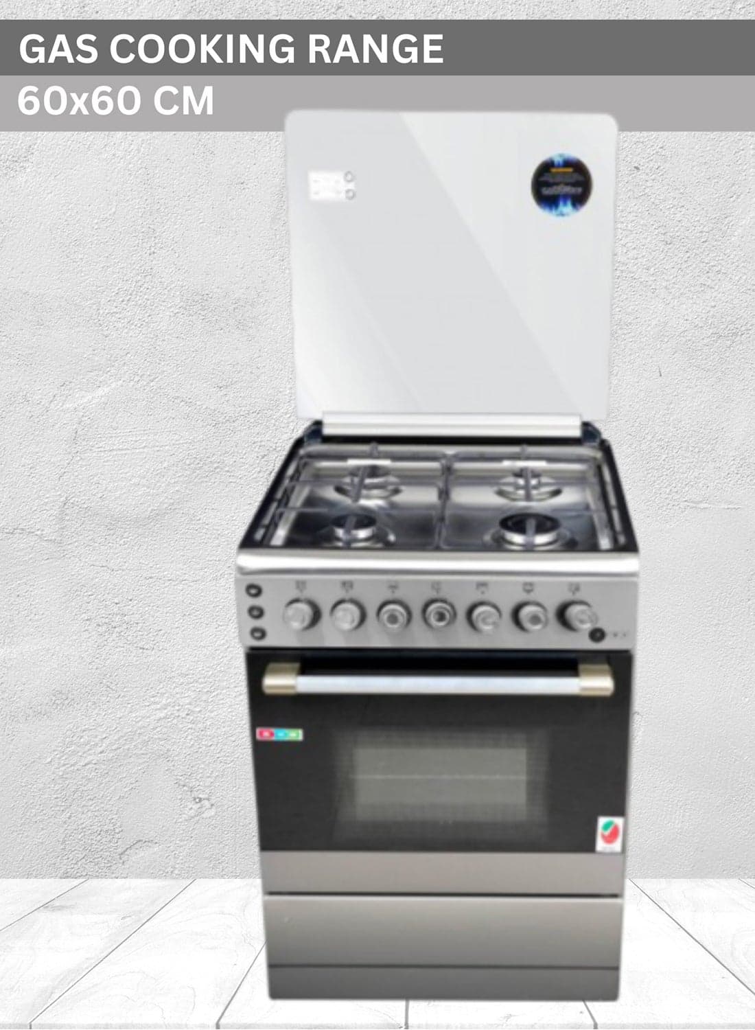 Freestanding Gas Cooking Range | 60x60cm Stove Oven | 4 Gas Burners | Full Safety Auto Ignition | Double Burner Gas Oven with Rotisserie | Stainless Steel Cooktop | Glass Lid | Adjustable Legs | 2-Year Warranty AF-60 Silver