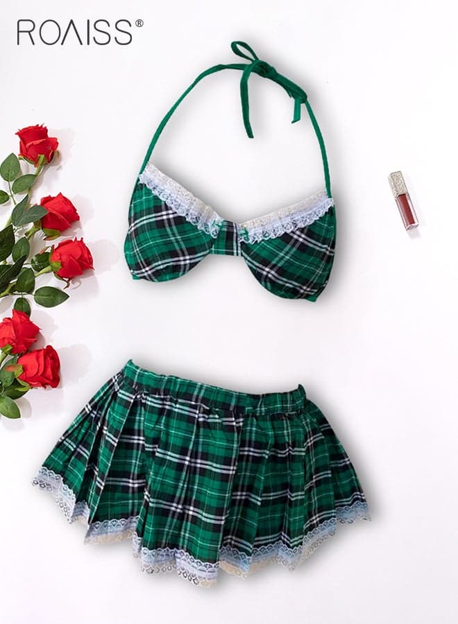 2Pcs Uniform Underwear Set for Women Lace Edge Plaid Lingerie and Elastic Waistband Mini Upskirt Ladies Sailor Suit Lingerie Suit