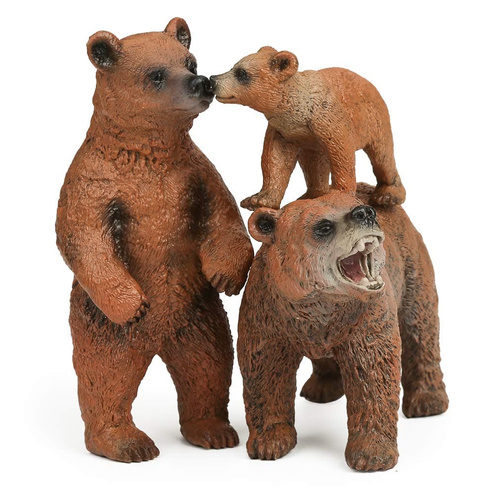 UANDME Grizzly Bear Toys Figurines Set Plastic Forest Animal Bear Family Figures for Nature Science Learning Realistic Woodland Creature Party Supplies Cake Toppers Pack of 3