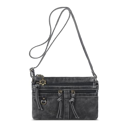 Angel Kiss Small Crossbody Bag for Women Leather Crossbody Purse Triple Compartments Cell Phone Purse Shoulder Bags for Women,Black