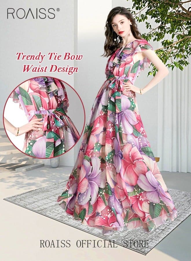 Women's Long Dress One Shoulder Ruffle Hem Big Skirt Colorful Printed Short Sleeve High-Rise Dress Advanced Fashion Print Unique Asymmetric Collar Design for Ladies Party Ramadan Eid al-Adha