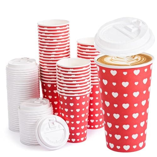 FOBSME 50 Pcs Valentine Disposable Coffee Cups With Lids 16oz Red White Love Heart Paper Cups Valentine Party Drinking Cups for Wedding Anniversary Party Supplies