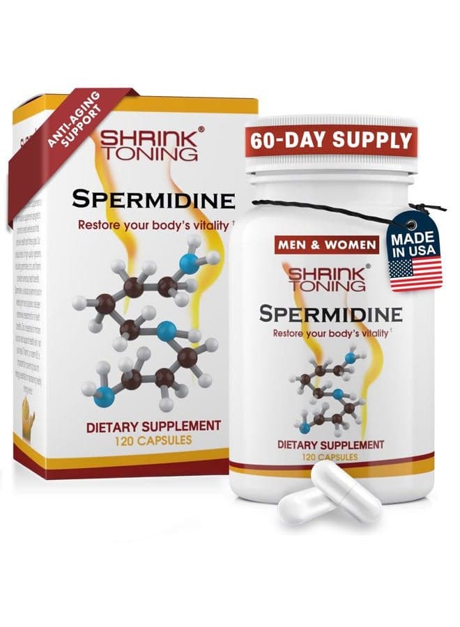Shrink Spermidine Supplements Skin & Anti-Aging Support – 120 Vegan Caps 100% Natural Polyamine for Men and Women, Overall Wellness – Non-GMO, USA Made – with High Spermidine, Zinc & Thiamin