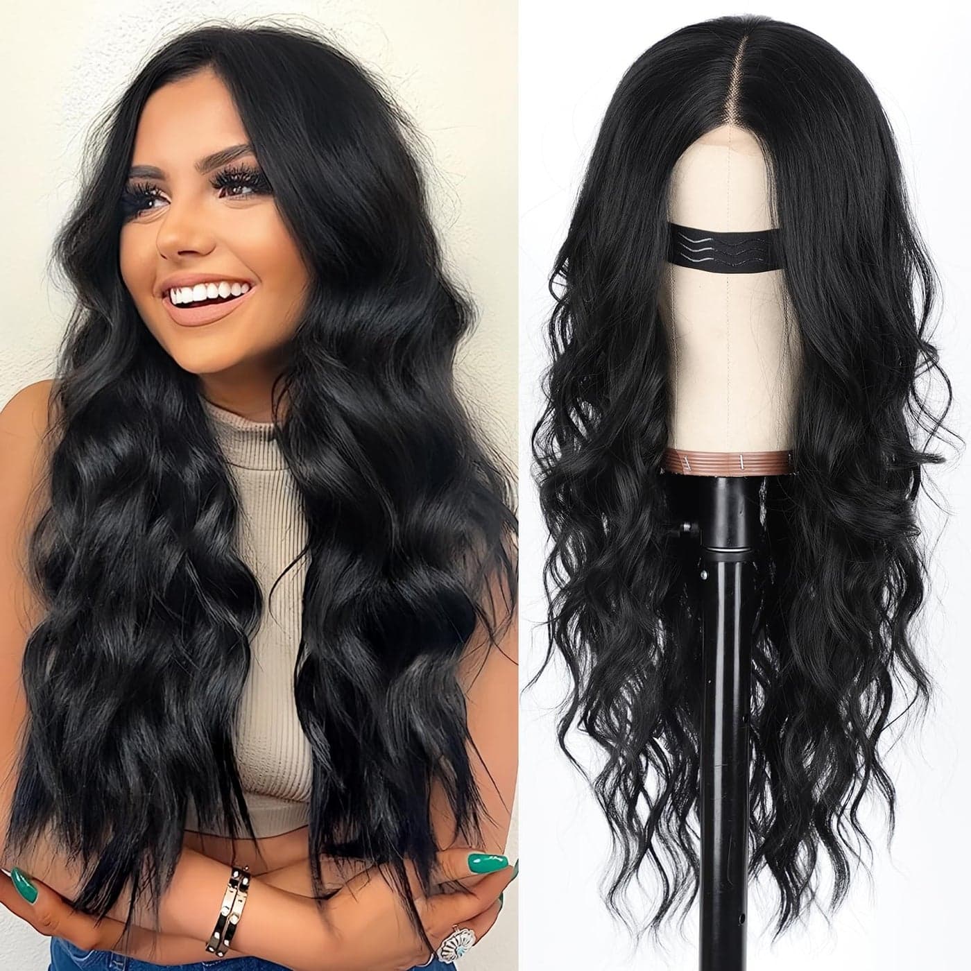 AISI HAIR Black Wig for Women Long Wavy Lace Hairline Middle Part Synthetic Heat Resistant Wig for Daily Party26 Inch