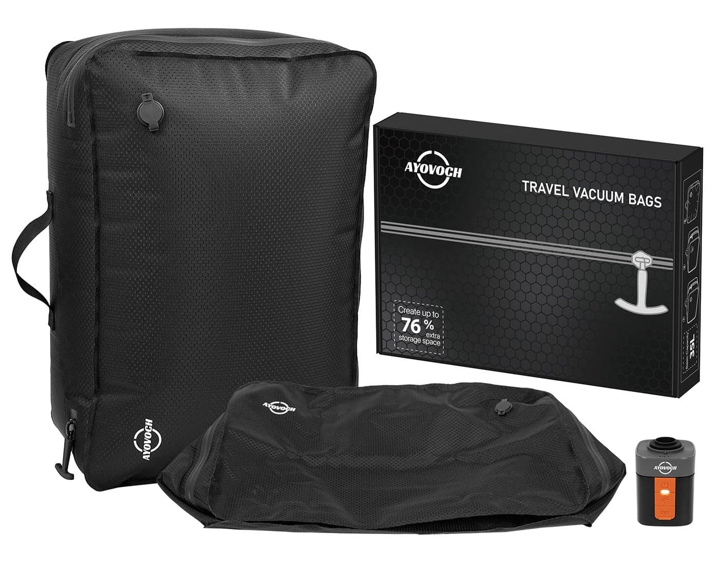 Ayovoch Vacuum Storage Bags with Wireless Pump 35L, 180° Open Zipper, IP68 Waterproof, Reusable Vacuum Bags for Travel, Fits 20/24/28in Suitcase, Backpack, Cloth Packing (2PC + Pump)