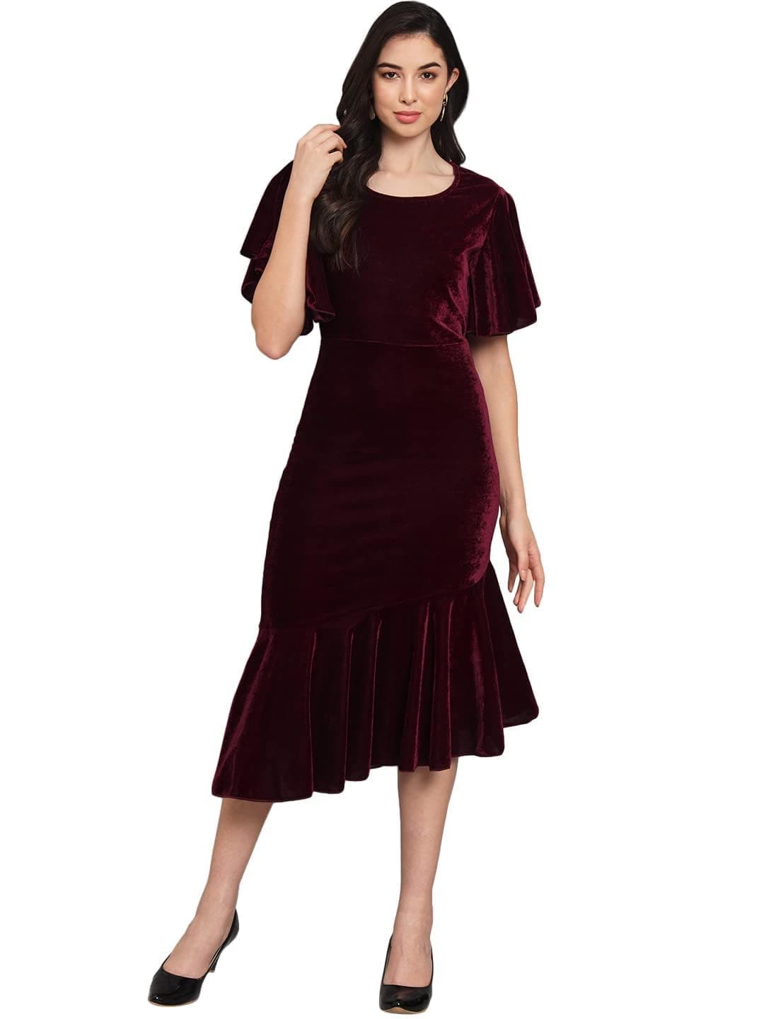 Vaararo Bodycon Party Midi Dress for Women | Shiny Velvet Fabric Fish Cut Ruffle Bottom Detailing Stylish Casual Outfit Wine XXX-Large