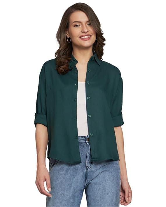 FUNDAY FASHION Women Boxy Fit Solid Casual Shirt (in, Alpha, S, Regular, Bottle Green)