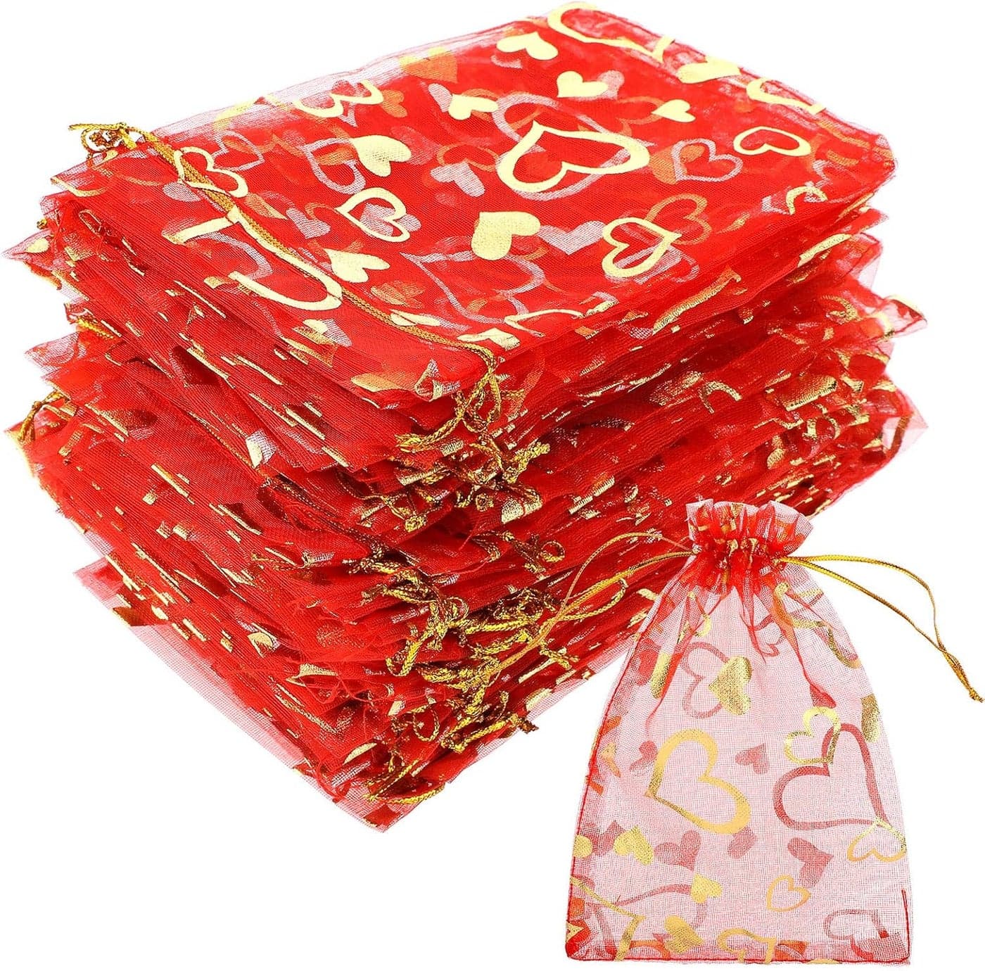 Shappy 100 Pcs Valentines Day Heart Organza Bags 4 x 6 Inch Sheer Drawstring Jewelry Candy Pouch Gift Bags for Wedding BirthdayRed