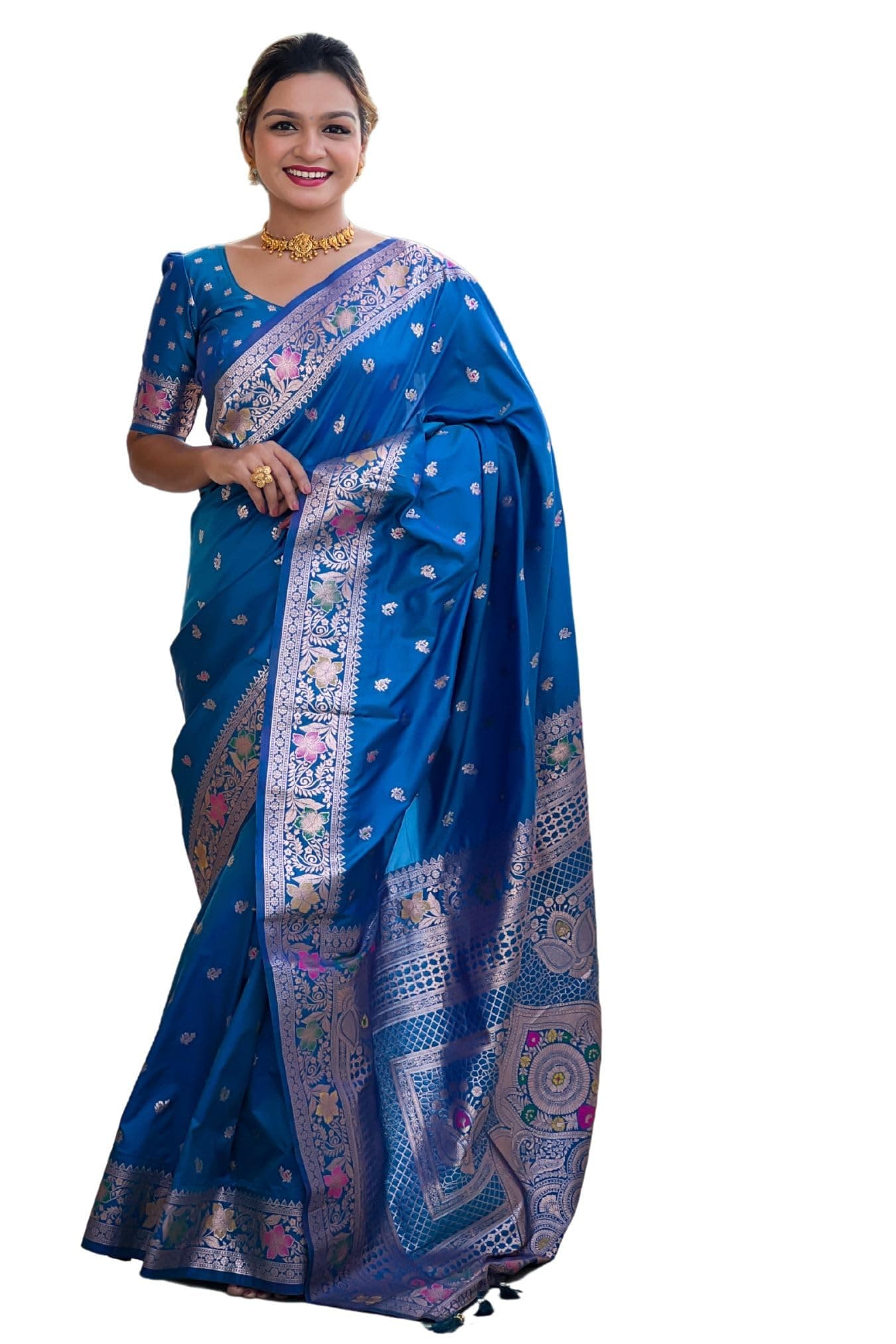 SGF11 Women's Kanjivaram Pure Soft Silk Saree With Unstitched Blouse Piece (Light Blue)