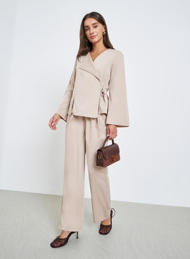 Women Beige Solid Wrap Top and Pants Co-Ords
