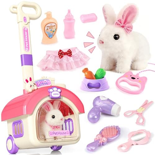 23Pcs Hopping Bunny Toy Set for Kids Easter Interactive Electric Walking Rabbit with Rolling Carrier House Pretend Play Pet Care Grooming Feeding Kit Stuffed Animal Gift for Toddlers 35