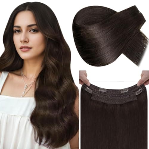 LaaVoo Invisible Wire Hair Extensions Real Human Hair Dark Brown Wire Human Hair Extensions Brown Fish Line Extensions Human Hair for Women 2 Darkest Brown 18 Inch 80g