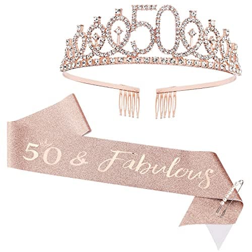CIEHER 50th Birthday Crown 50 Fabulous SashPearl Pin Set Tiara 50th Gifts Decorationsfor Women Friends Happy Party Favor Supplies