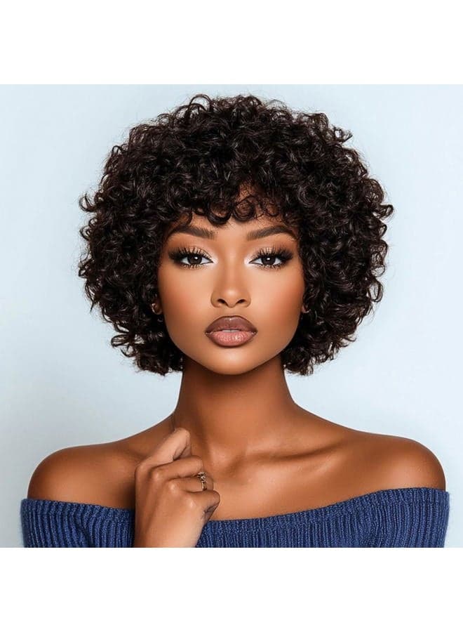 Afro Curly Wigs with Bangs 100% Human Hair Short Curly Glueless Wigs for Women Loose Curls Wear&Go Non Lace Front Wig (Dark Brown)