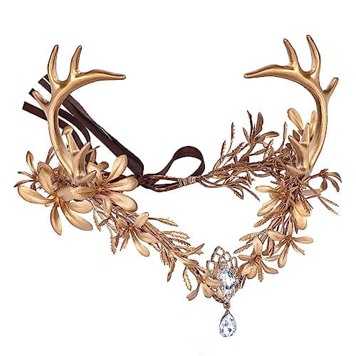 MOSTORY Gold Fairy Antler Crown - Woodland Flower Deer Horns Headpiece Elf Forest Ciecle for Women Renaissance Cosplay Renfaire Outfit Hallween Costume