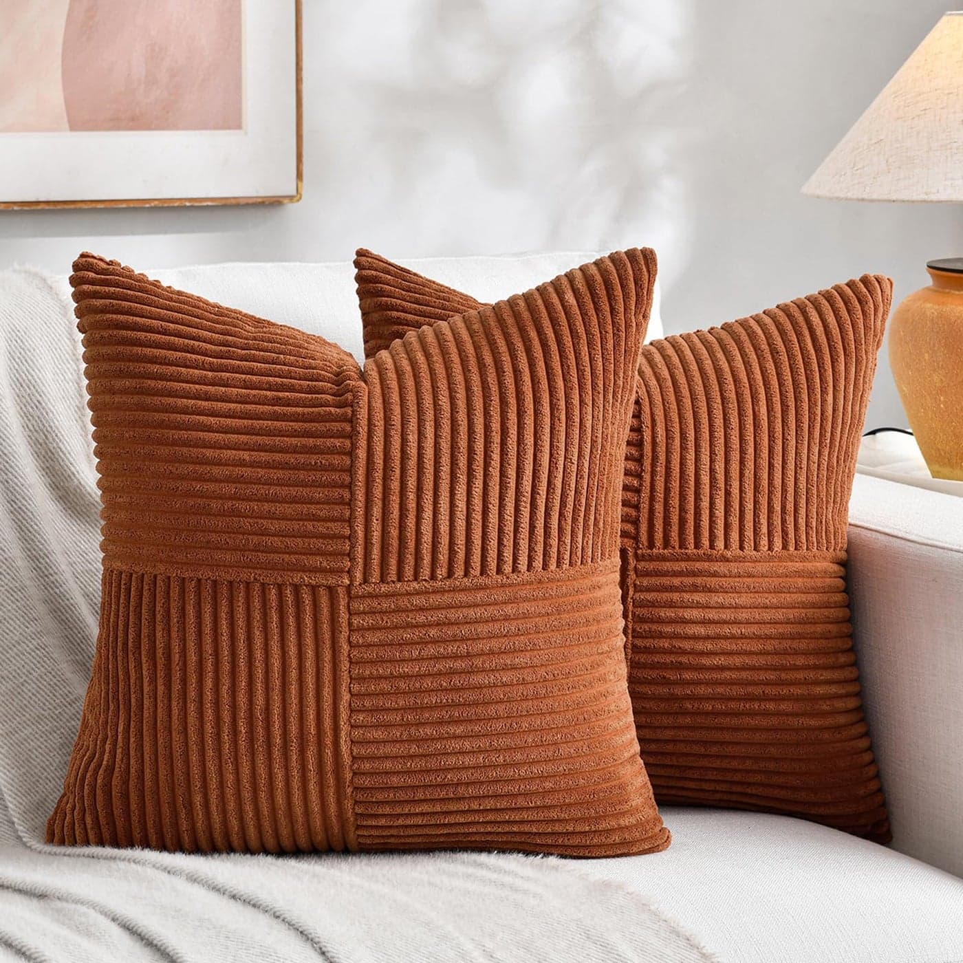 Fancy Homi 2 Packs Rust Decorative Throw Pillow Covers 16x16 Inch for Living Room Couch Bed Rustic Farmhouse Boho Home Decor Soft Corss Patchwork Corduroy Square Terracotta Cushion Case 40x40 cm