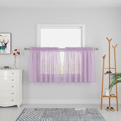 UPOPO Purple Sheer Tier Curtains 24 inches Long Voile Kitchen Tiers Linen Textured Cafe Curtains Bathroom Girls Nursery Room Short Small Curtain Panels Door Window Curtains 2 Panels Rod Pocket