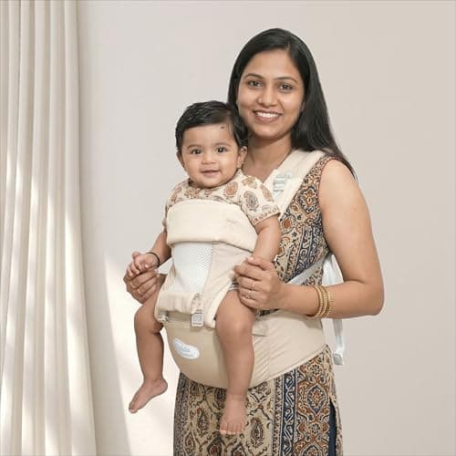 Kids Station Baby Carrier with 9 Carry Positions, Patented Design, Made of 100% Cotton, NO POLYESTER , Designed for Indian Environment with VENTILATION WINDOW Baby Carrier with Hip seat for 6 to 24 Months Baby, Adjustable New-Born to Toddler Carrier (Beige, All in One Hip Seat)