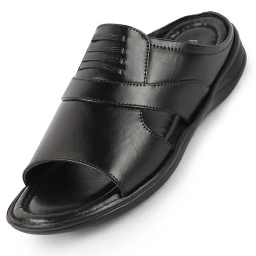 FAUSTO FST KI-512 BLACK-45 Men's Black Daily Indoor Outdoor Comfort Stitched Open Toe Slip On Slipper (11 UK)