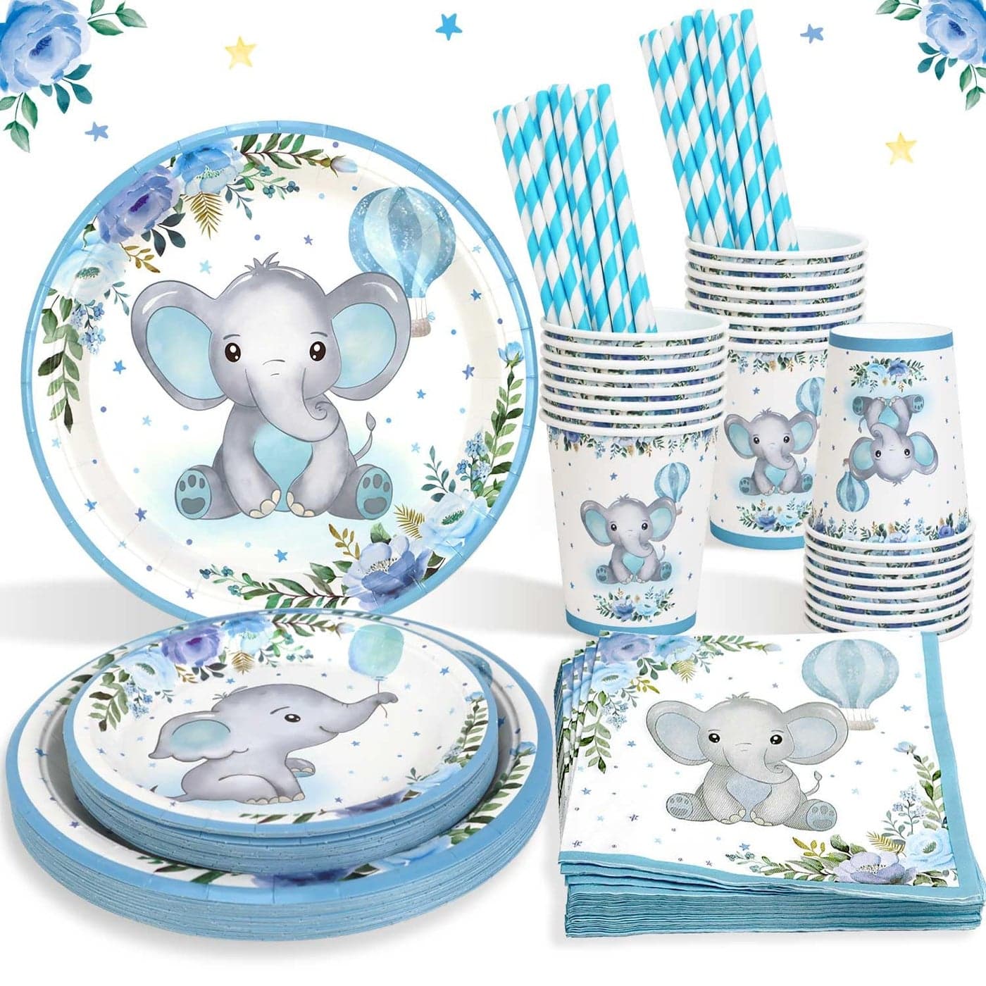 Elephant Baby Shower Decorations Boy Tableware Set for 25 Guests 125pcs Baby Shower Plates Cups and Napkins Blue Paper Plates Christening Decorations for Boys Party Christening Supplies