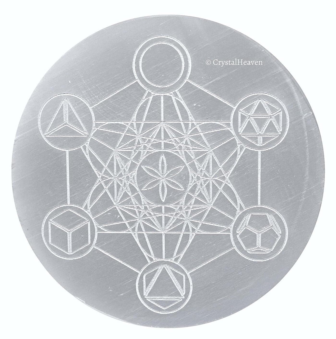 Crystal Heaven Certified Selenite Charging Plate 3 Inch Engraved Platonic Solid Metatron Cube Selenite Plate For Cleansing ReEnergy Work Meditation And Pooja 3 Inch Metatron Cube