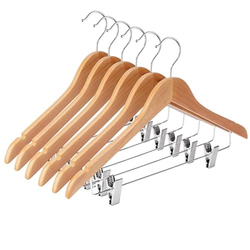 Ulimart Wooden Hangers with Clips 12 Pack Wooden Pants HangersSkirt Hangers with Adjustable ClipsHangers for PantsJeansSlacksShortsNatural