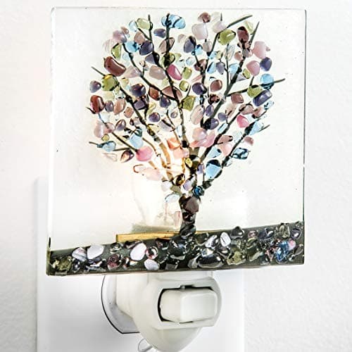 J Devlin Glass Art Stained Glass Tree Night Light Purple Green Blue | Fused Art Glass Plug in Night Light with Rocker Switch | NTL 159-2