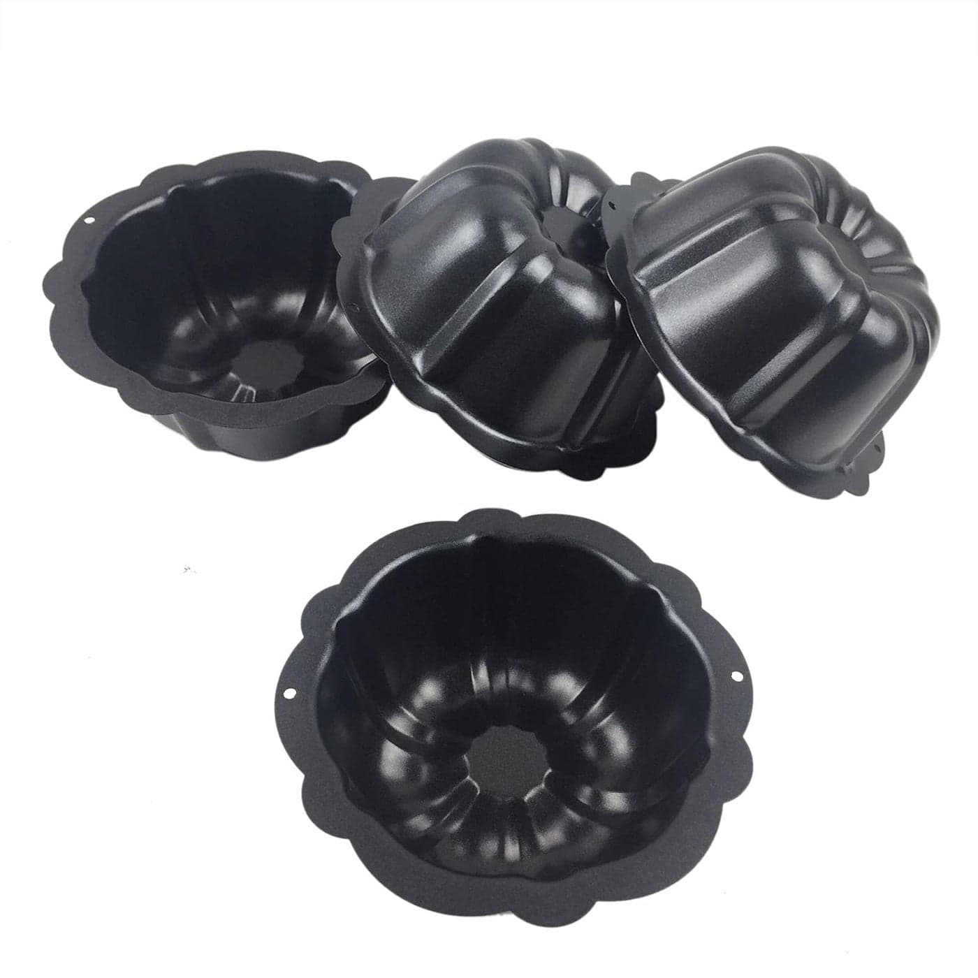 LoveDeal 4 Inch Nonstick Mini Bundt Cake Pan Set of 4 for Baking Carbon Steel Fluted Cake Pans Metal Round Pumpkin Shaped Cake Mould for Cupcake Muffin Brownie Pudding Black