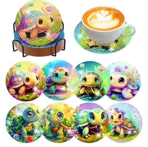 Meothan 8 Pcs Diamond Art Coasters Kits for Adults Diamond Painting Coaster Kits for Adults with Holder Cork Pads DIY Cute Sea Turtle Diamond Dots Coasters Crafts Set 4x4in Animals