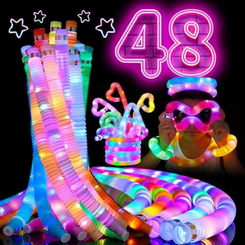 AIRNEY 48 PCS Glow in The Dark Party Supplies Light Up LED Pop Tubes Glow Sticks Sensory Toys Birthday Party Favors for Kids Light Up Toys Goodie Bag Stuffers Gifts Prize