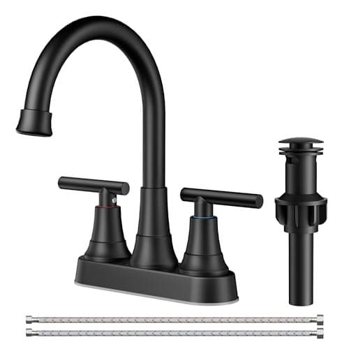 FORIOUS Matte Black Bathroom Sink Faucet, 4 Inch Centerset Bathroom Faucet 2 or 3 Hole with Pop up Drain and cUPC Hose, Two Handles Control, 360° spout for Restroom,Vanity, Rv