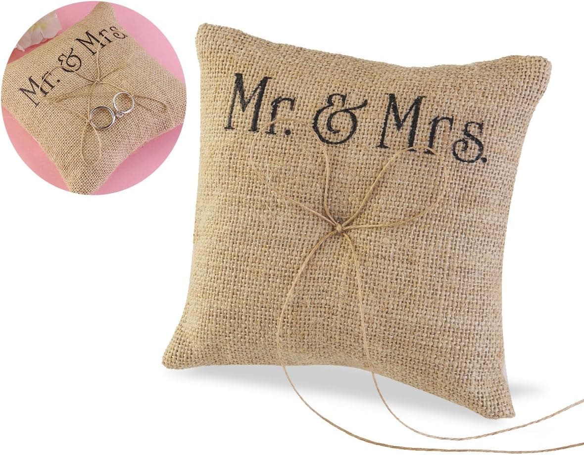 TINKSKY Mr Mrs Wedding Ring Pillow Burlap Jute Bow Twine Rustic Ring Pillow