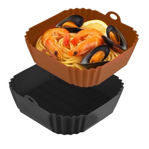 Boribim 9 Inch Large Air Fryer Silicone Liners 2 PCS Square Reusable AirFryer Basket Liners for 58QT Air fryer Air fryer Accessories for Baking Roasting Microwave Black Brown