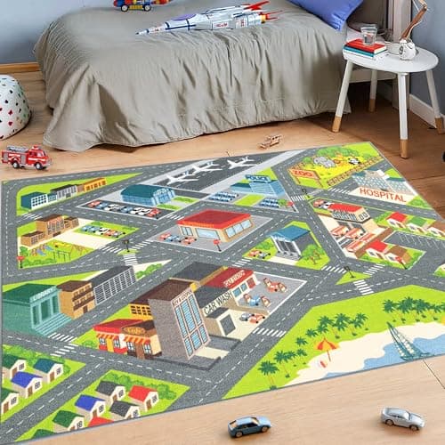KC Cubs 5x7 City Streets Car Road Rug Educational NonSlip Play Mat for Kids Toddlers Nursery Classroom Playroom Baby Daycare Boy Girl Carpet