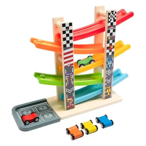 WOOD CITY Toddler Toys for 1 2 3 Years Old Wooden Car Ramp Racer Toy Vehicle Set with 57 Mini Cars Race Tracks Montessori Toys Craft Gift for Toddlers Boys and Girls ramp Racer5 Layers