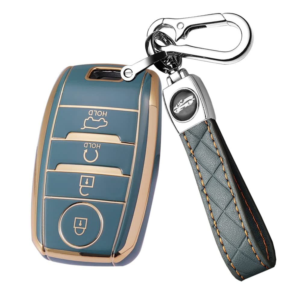 SANRILY 4 Button GoldenEdge Soft Key Fob Cover for Kia Seltos Carens 2022 Sonet Key Keyless Full Protection Key Case Shell with Leather Keychain GrayBlue