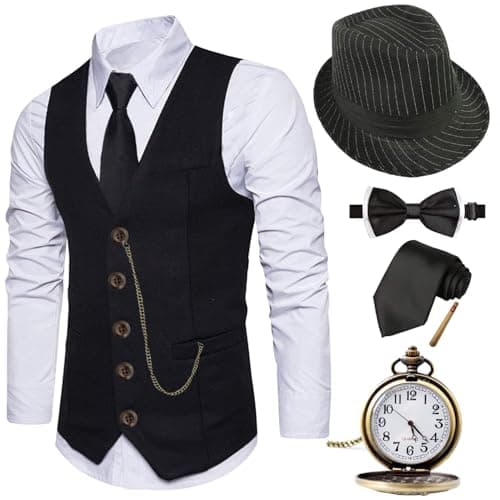 EFORLED Halloween 1920s Mens Costume 2025,Great Gatsby Gangster Vest,Vintage Pocket Watch,Pre Tied Bow Tie,Tie,TC-L