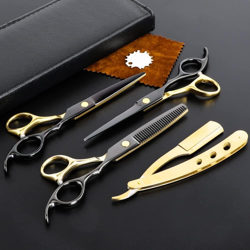Professional Black Gold Hairdressing Scissors Stainless Steel Barber Hair Cutting Scissors Set Salon Multifunctional Straight Shears Teeth Thinning Shears Home Use