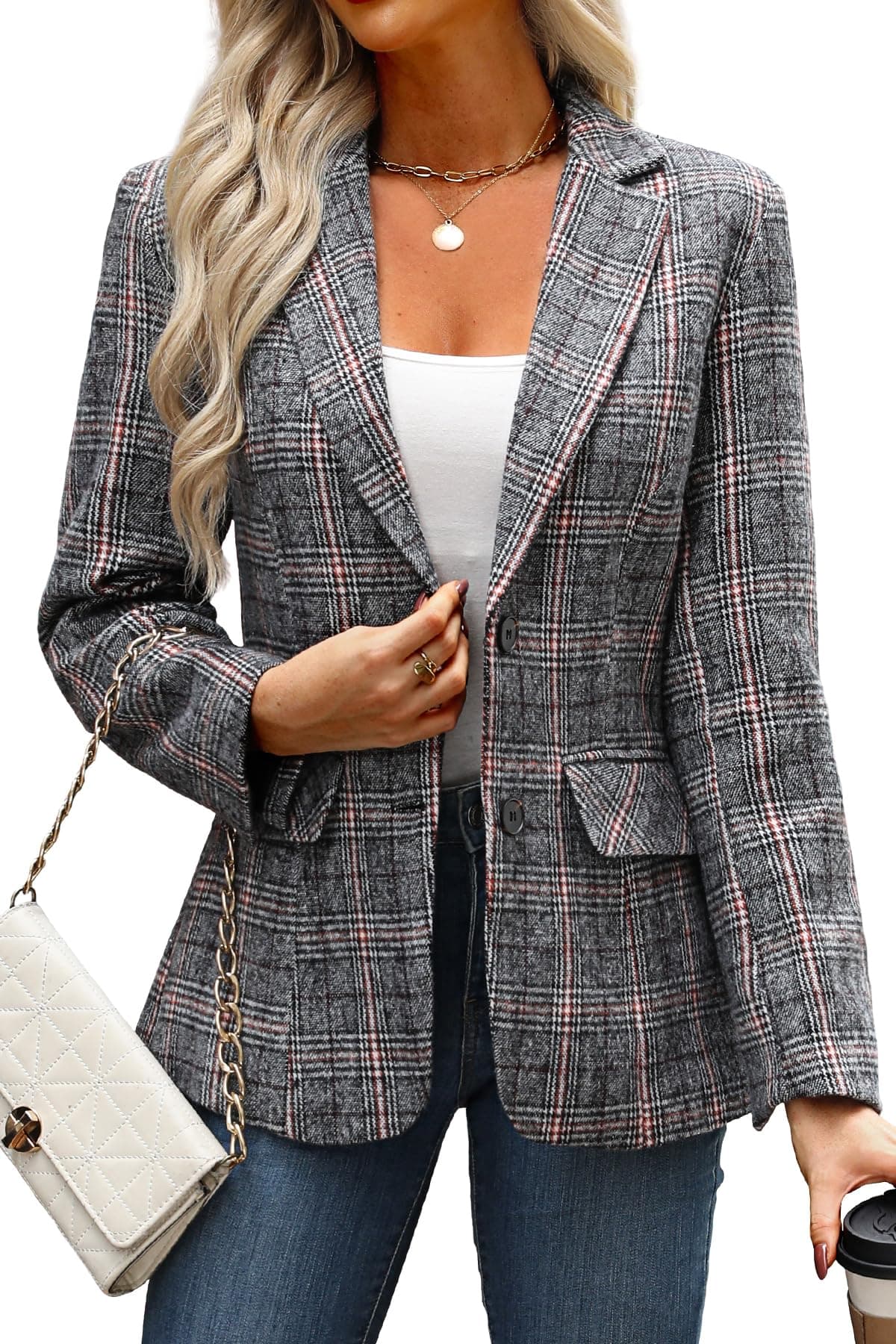 ELLEVEN Womens Casual Plaid Blazer Lapel Collar Double Button Long Sleeve Boyfriend Blazer Suit Houndstooth Plaid Blazer Jacket Business Work Office Blazer Suits Grey Red Plaid Medium
