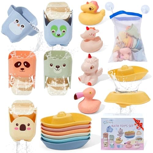 Mold Free Bath Toys 15PCS Safe Fun Easy Clean Floating Boats Rotating Waterfall Cups Sealed with No Holes Floating Tub Toy and Mesh Bag for Babies 18 Months Bathtub Pool Water Toddler Toys