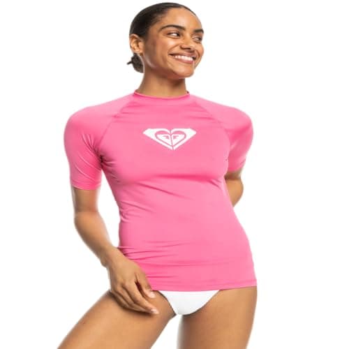 Roxy Women's Whole Hearted Short Sleeve Rashguard – UPF 50+ Sun Protection Quick Dry Swim Shirt for Surfing and Outdoor Activities, Shocking Pink 241, Medium