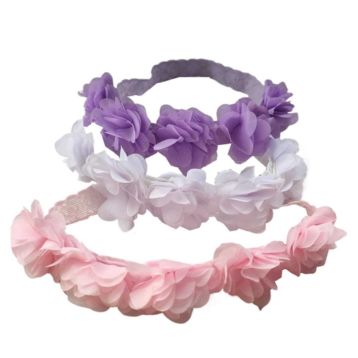 Jilukibo Baby Elastic Lace Bows Flower Headbands Stretch Gold Princess Floral Hair Band Headwear for Infant Girls Toddler Hair Accessories 3 Pack White Pink Purple